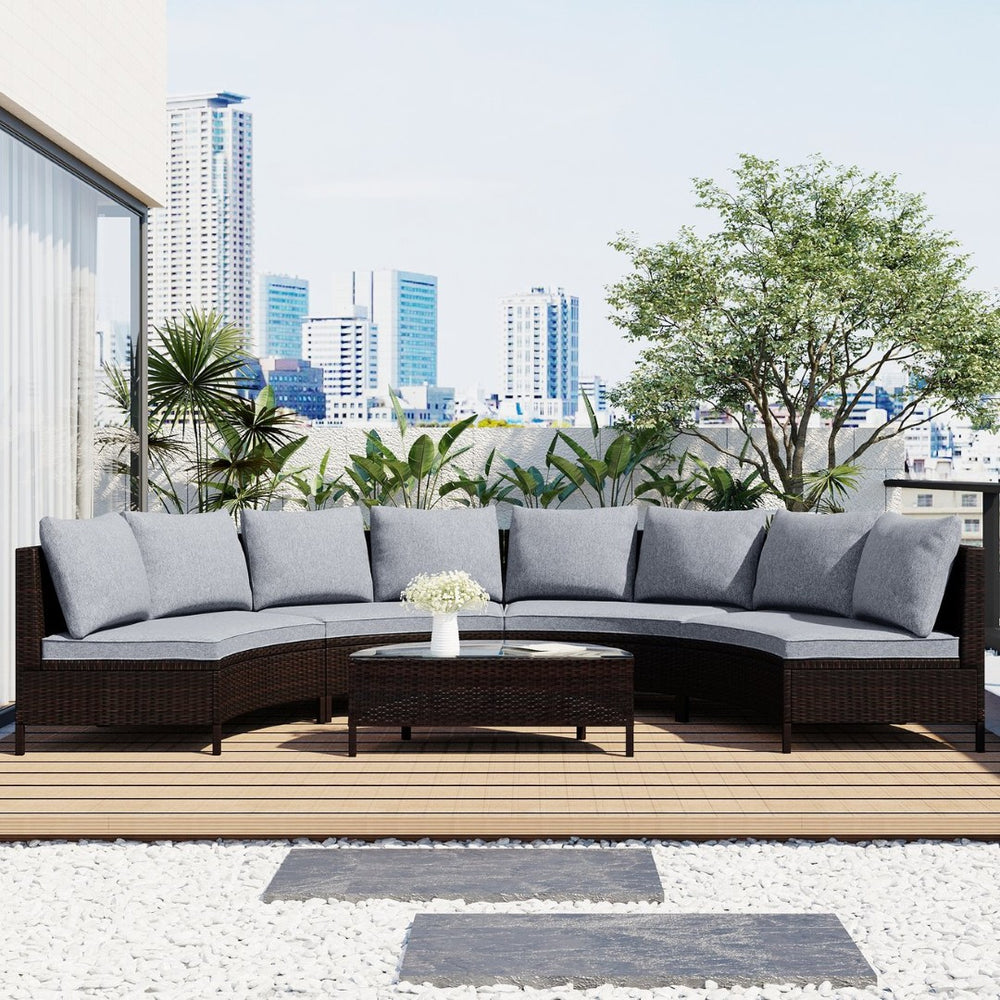 English Elm Topmax Five Piece Modular Outdoor Sectional Pe Rattan Patio Set with Glass Table Grey N717S100149E