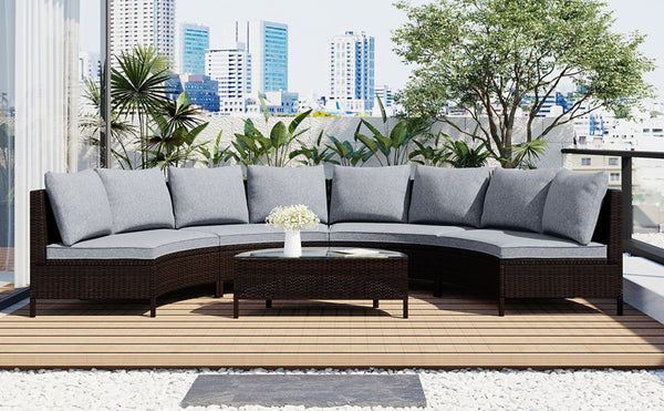 English Elm Topmax Five Piece Modular Outdoor Sectional Pe Rattan Patio Set with Glass Table Grey N717S100149E