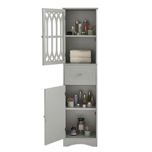 English Elm Tall Bathroom Cabinet Slim Freestanding Storage with Drawer & Doors, Adjustable Shelves, MDF Build Grey WF289427AAG