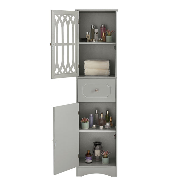 English Elm Tall Bathroom Cabinet Slim Freestanding Storage with Drawer & Doors, Adjustable Shelves, MDF Build Grey WF289427AAG