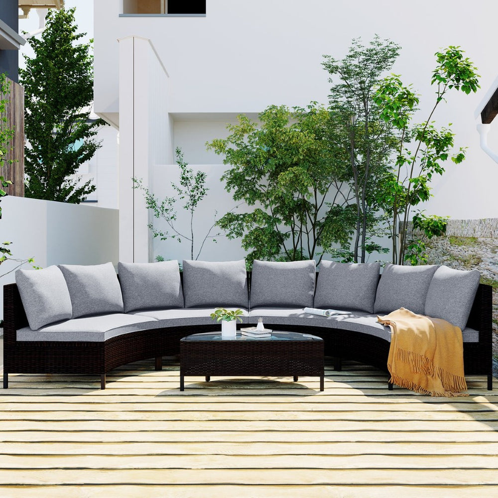 English Elm Topmax Five Piece Modular Outdoor Sectional Pe Rattan Patio Set with Glass Table Grey N717S100149E