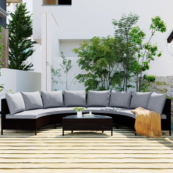 English Elm Topmax Five Piece Modular Outdoor Sectional Pe Rattan Patio Set with Glass Table Grey N717S100149E