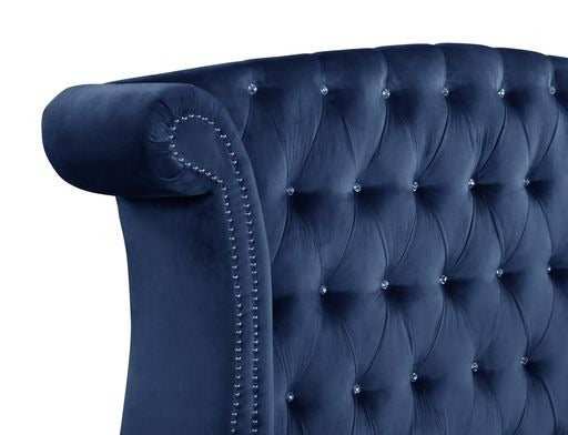 English Elm Modern Sophia Queen Bed Velvet Upholstered Crystal Tufted Solid Wood Frame Accent Railheads, Luxe Blue Retreat 733569287789