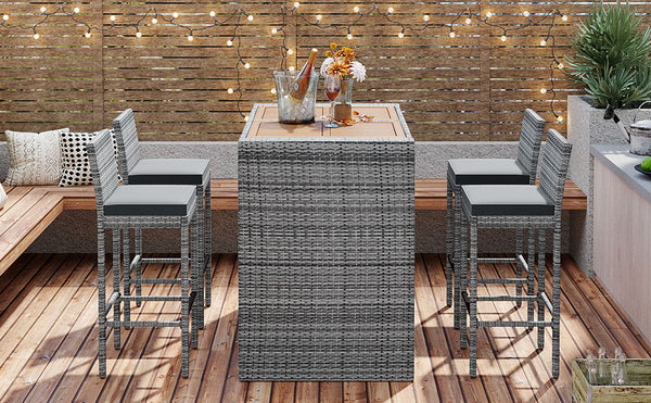 English Elm GO Outdoor 5-Piece Patio Wicker Bar Set with Acacia Top, Removable Cushions, Non-Slip Feet — Durable Seating for 250 lb Capacity FG201216AAE