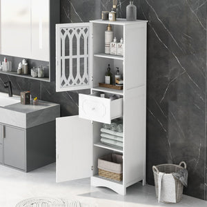 English Elm Tall Bathroom Cabinet Slim Freestanding Storage with Drawer & Doors, Adjustable Shelves, MDF Build White WF289427AAK