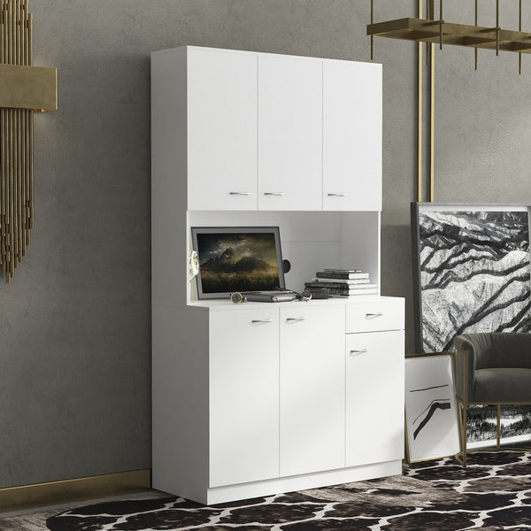 English Elm 70.87" Wardrobe Kitchen Cabinet with 6 Doors, 1 Drawer & Open Shelf — Durable Melamine MDF Storage Solution White W331S00058