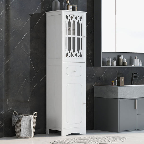 English Elm Tall Bathroom Cabinet Slim Freestanding Storage with Drawer & Doors, Adjustable Shelves, MDF Build White WF289427AAK