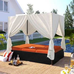English Elm U_style Outdoor Pe Rattan Daybed with Canopy Curtains Resort Wicker Sunbed Patio WY000436AAO