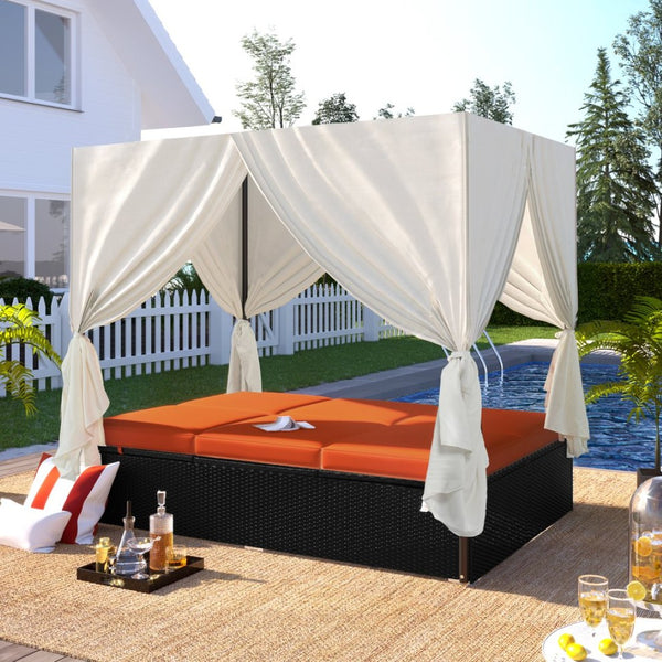English Elm U_style Outdoor Pe Rattan Daybed with Canopy Curtains Resort Wicker Sunbed Patio WY000436AAO