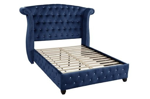 English Elm Modern Sophia Queen Bed Velvet Upholstered Crystal Tufted Solid Wood Frame Accent Railheads, Luxe Blue Retreat 733569287789