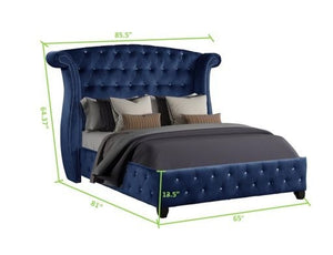 English Elm Modern Sophia Queen Bed Velvet Upholstered Crystal Tufted Solid Wood Frame Accent Railheads, Luxe Blue Retreat 733569287789
