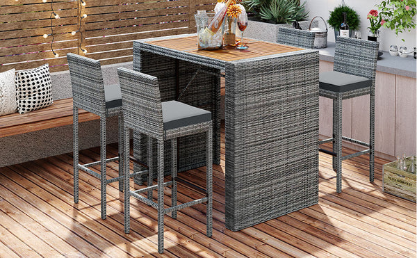 English Elm GO Outdoor 5-Piece Patio Wicker Bar Set with Acacia Top, Removable Cushions, Non-Slip Feet — Durable Seating for 250 lb Capacity FG201216AAE