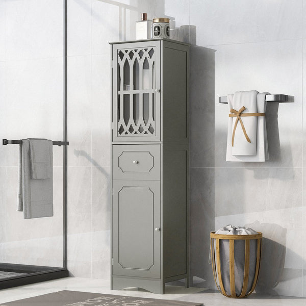 English Elm Tall Bathroom Cabinet Slim Freestanding Storage with Drawer & Doors, Adjustable Shelves, MDF Build Grey WF289427AAG