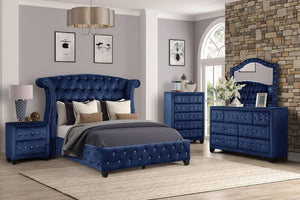 English Elm Modern Sophia Queen Bed Velvet Upholstered Crystal Tufted Solid Wood Frame Accent Railheads, Luxe Blue Retreat 733569287789