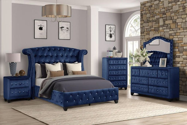 English Elm Modern Sophia Queen Bed Velvet Upholstered Crystal Tufted Solid Wood Frame Accent Railheads, Luxe Blue Retreat 733569287789
