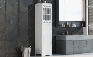 English Elm Tall Bathroom Cabinet Slim Freestanding Storage with Drawer & Doors, Adjustable Shelves, MDF Build White WF289427AAK