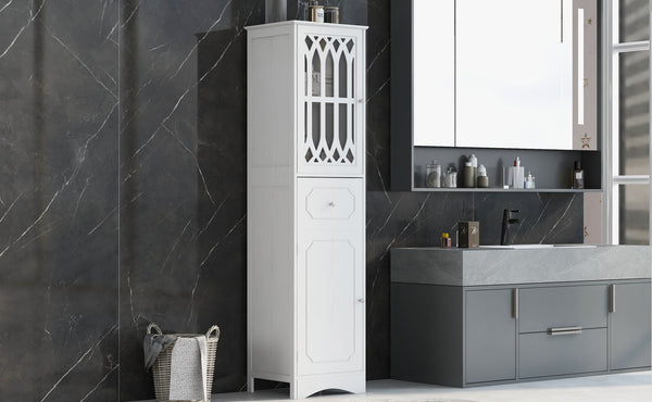 English Elm Tall Bathroom Cabinet Slim Freestanding Storage with Drawer & Doors, Adjustable Shelves, MDF Build White WF289427AAK