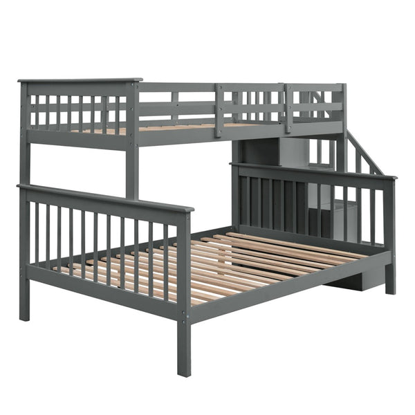 English Elm Stairway Twin Over Full Bunk Bed with Built in Stair Storage for Kids Bedroom Gray LT000019AAE-1