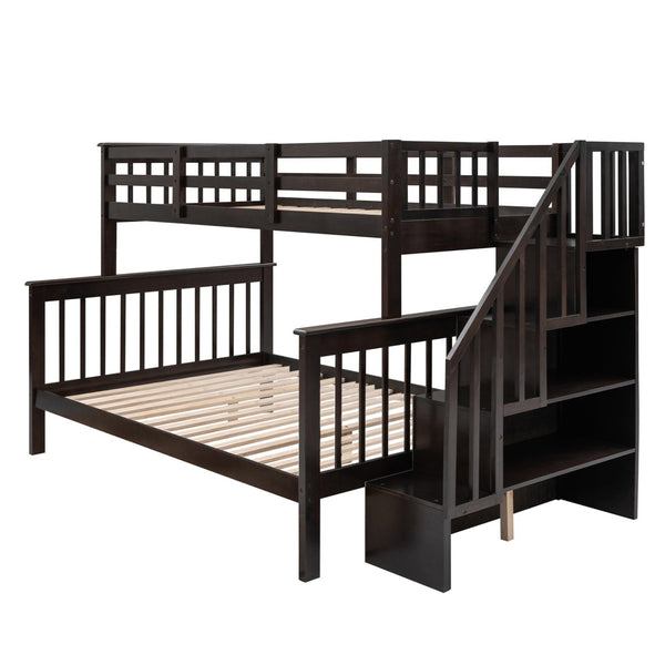 English Elm Stairway Twin Over Full Bunk Bed with Built in Stair Storage for Kids Bedroom Espresso LT000019AAP
