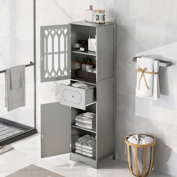 English Elm Tall Bathroom Cabinet Slim Freestanding Storage with Drawer & Doors, Adjustable Shelves, MDF Build Grey WF289427AAG