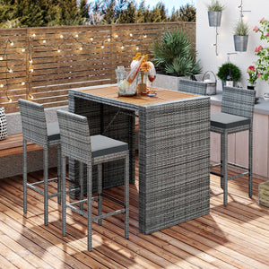 English Elm GO Outdoor 5-Piece Patio Wicker Bar Set with Acacia Top, Removable Cushions, Non-Slip Feet — Durable Seating for 250 lb Capacity FG201216AAE