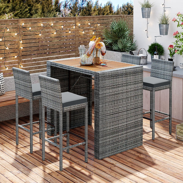 English Elm GO Outdoor 5-Piece Patio Wicker Bar Set with Acacia Top, Removable Cushions, Non-Slip Feet — Durable Seating for 250 lb Capacity FG201216AAE