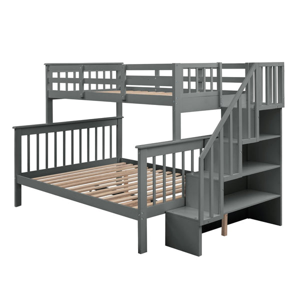 English Elm Stairway Twin Over Full Bunk Bed with Built in Stair Storage for Kids Bedroom Gray LT000019AAE