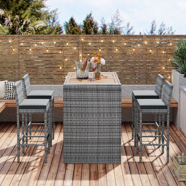 English Elm GO Outdoor 5-Piece Patio Wicker Bar Set with Acacia Top, Removable Cushions, Non-Slip Feet — Durable Seating for 250 lb Capacity FG201216AAE