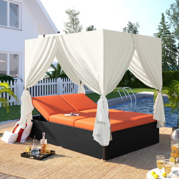 English Elm U_style Outdoor Pe Rattan Daybed with Canopy Curtains Resort Wicker Sunbed Patio WY000436AAO