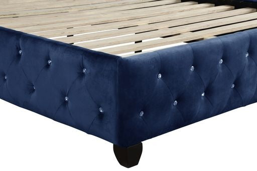 English Elm Modern Sophia Queen Bed Velvet Upholstered Crystal Tufted Solid Wood Frame Accent Railheads, Luxe Blue Retreat 733569287789