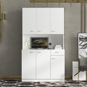 English Elm 70.87" Wardrobe Kitchen Cabinet with 6 Doors, 1 Drawer & Open Shelf — Durable Melamine MDF Storage Solution White W331S00058