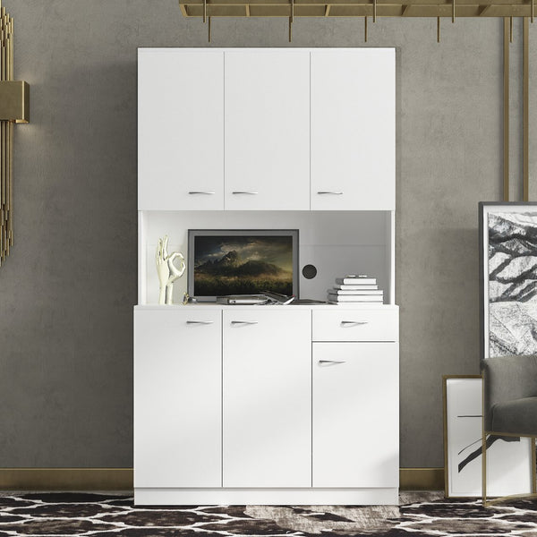 English Elm 70.87" Wardrobe Kitchen Cabinet with 6 Doors, 1 Drawer & Open Shelf — Durable Melamine MDF Storage Solution White W331S00058