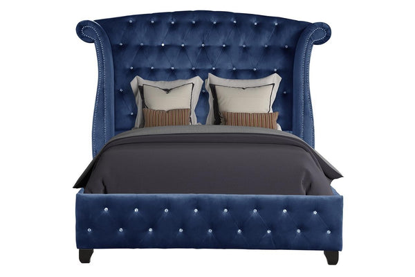 English Elm Modern Sophia Queen Bed Velvet Upholstered Crystal Tufted Solid Wood Frame Accent Railheads, Luxe Blue Retreat 733569287789