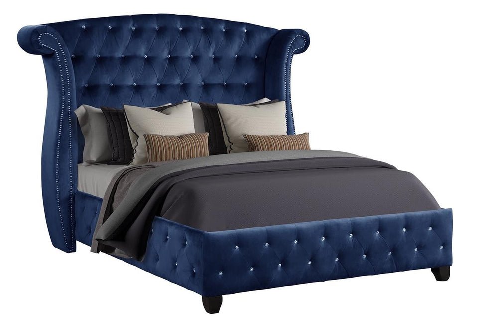 English Elm Modern Sophia Queen Bed Velvet Upholstered Crystal Tufted Solid Wood Frame Accent Railheads, Luxe Blue Retreat 733569287789