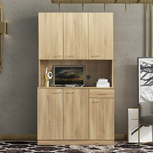 English Elm 70.87" Wardrobe Kitchen Cabinet with 6 Doors, 1 Drawer & Open Shelf — Durable Melamine MDF Storage Solution Oak W331S00057
