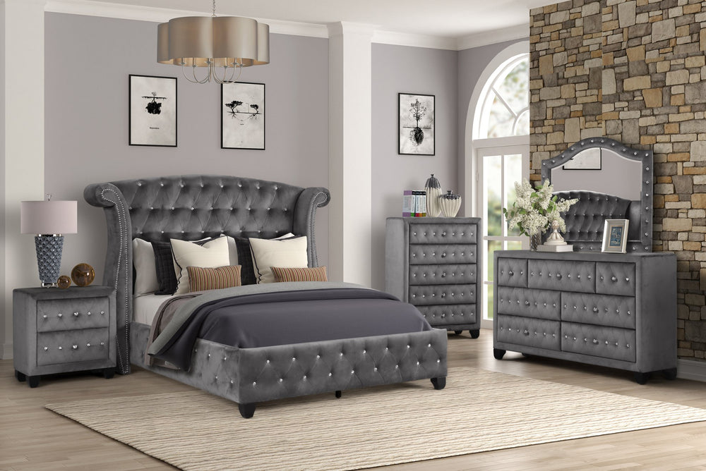 English Elm SOPHIA Full 5PC Upholstered Bedroom Set Gray with Crystal Tufted Headboard, Dresser, Chest, Nightstand 808857732408