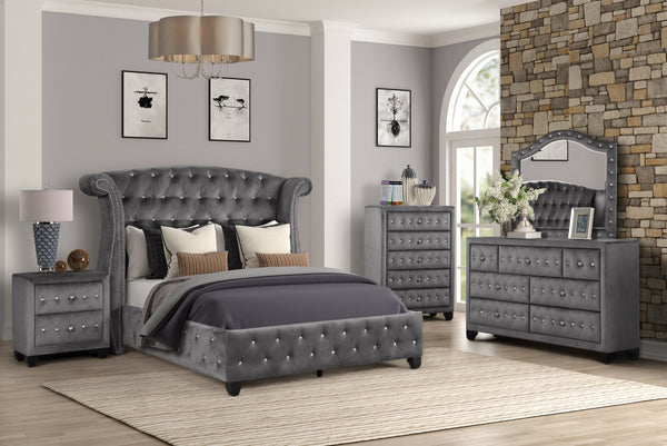 English Elm SOPHIA King 5-Pc Upholstery Bedroom Set Gray Wood with Crystal Tufted Headboard & Ample Storage 733569309337