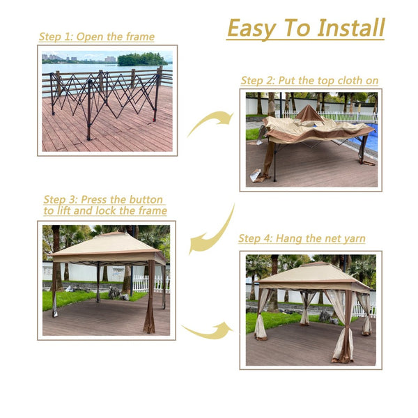English Elm Outdoor 11x11 Ft Pop up Gazebo with Mesh Netting Two Tier Steel Frame Canopy W41932833
