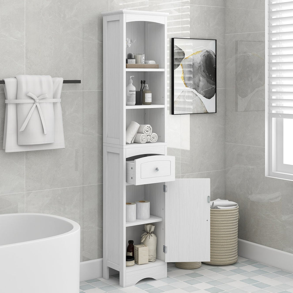 English Elm Tall Modern Freestanding Bathroom Storage Cabinet with Drawer and Adjustable Shelf, 37.4" H, MDF White WF289423AAK