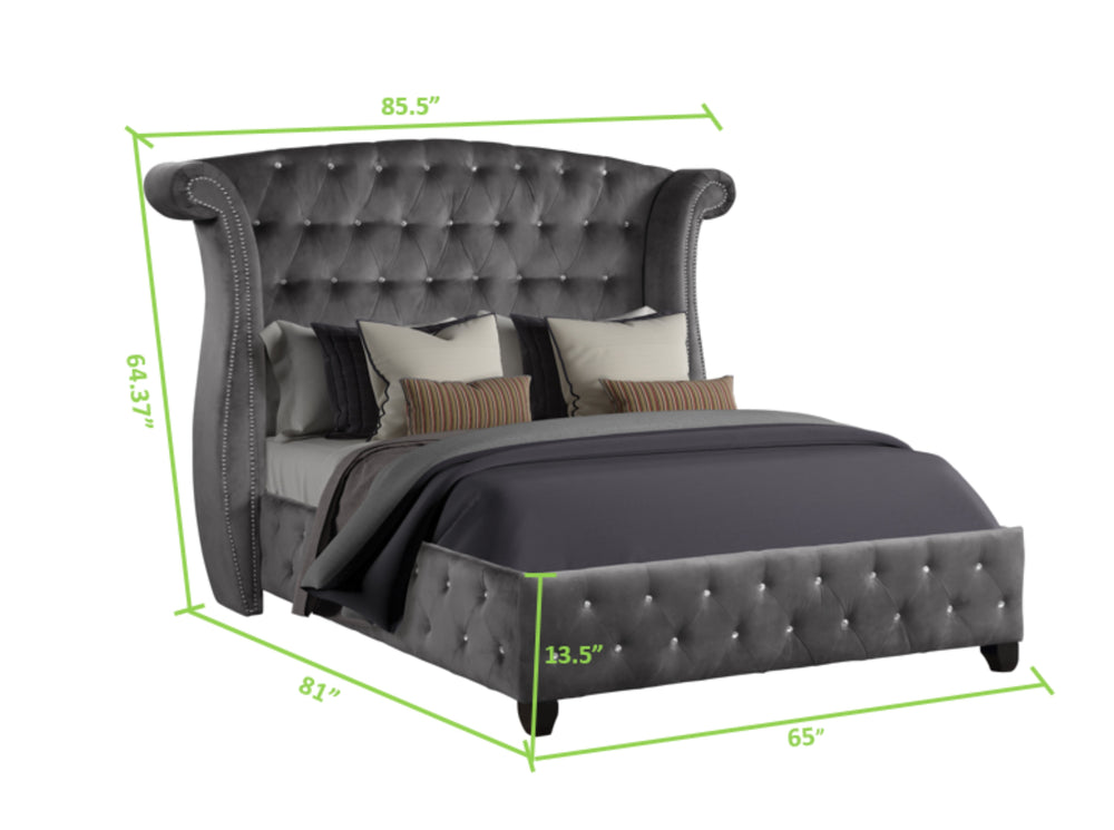English Elm Queen Sophia 5PC Upholstery Bedroom Set in Gray Wood with Crystal Tufted Headboard & Storage Chest 808857777980