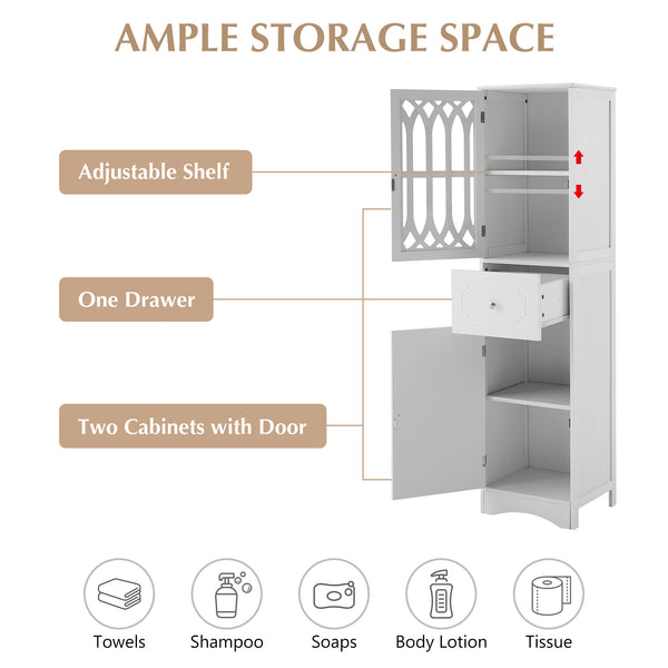 English Elm Tall Bathroom Cabinet Slim Freestanding Storage with Drawer & Doors, Adjustable Shelves, MDF Build White WF289427AAK