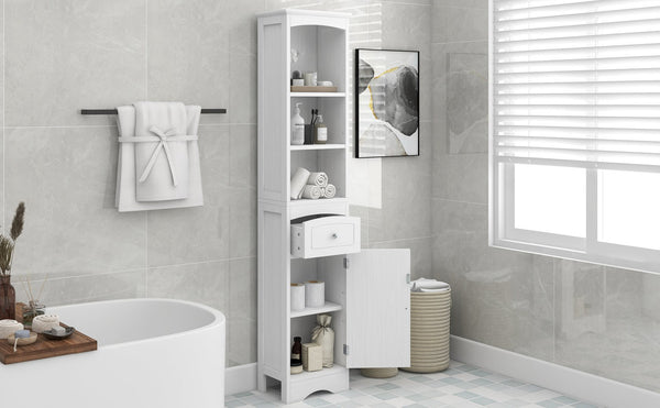 English Elm Tall Modern Freestanding Bathroom Storage Cabinet with Drawer and Adjustable Shelf, 37.4" H, MDF White WF289423AAK