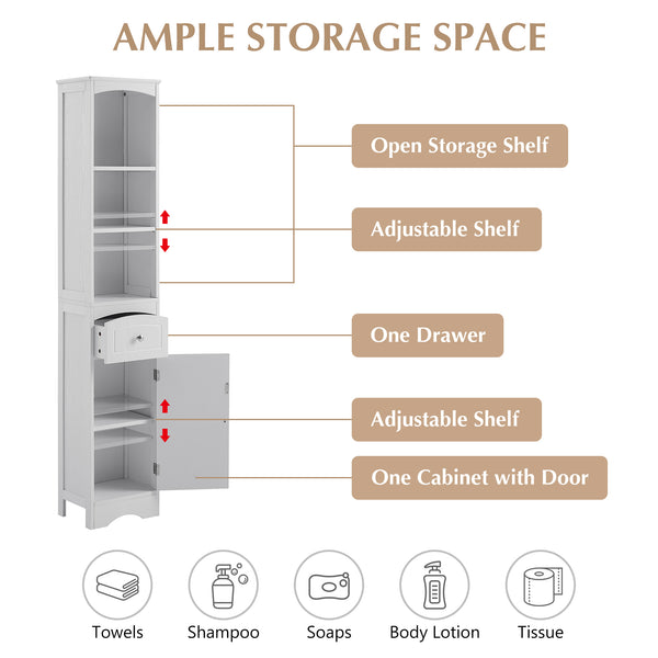 English Elm Tall Modern Freestanding Bathroom Storage Cabinet with Drawer and Adjustable Shelf, 37.4" H, MDF White WF289423AAK