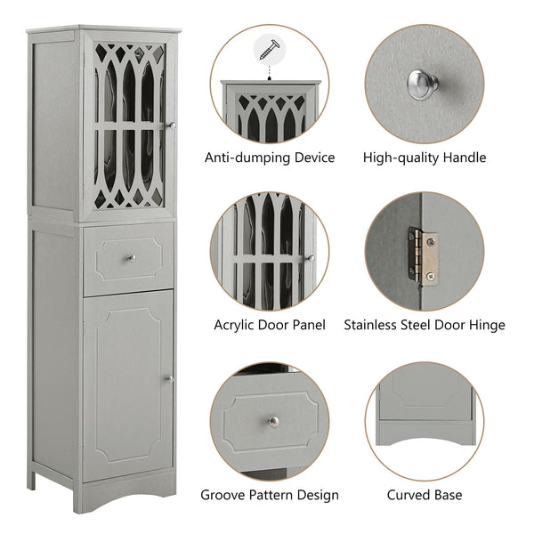 English Elm Tall Bathroom Cabinet Slim Freestanding Storage with Drawer & Doors, Adjustable Shelves, MDF Build Grey WF289427AAG