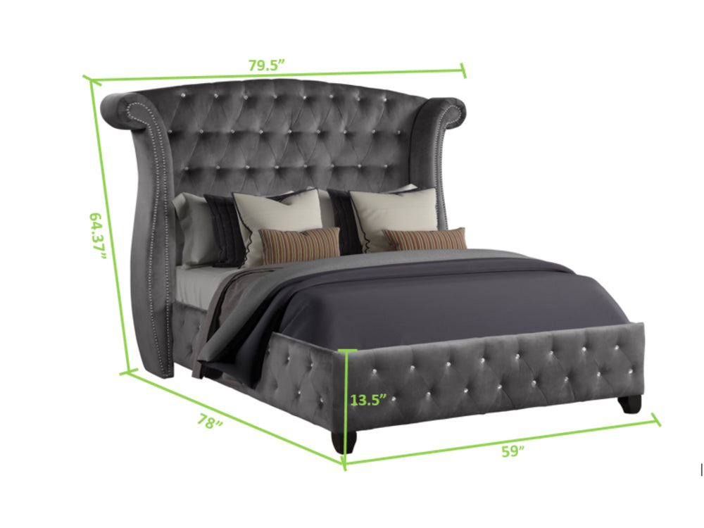English Elm SOPHIA Crystal Tufted 4PC Upholstery Bedroom Set in Gray — Glam Wood Bed, Dresser/Vanity, Nightstand 698781204139