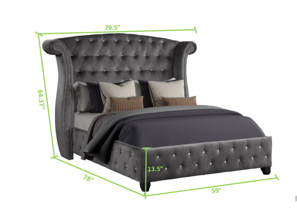 English Elm SOPHIA Crystal Tufted 4PC Upholstery Bedroom Set in Gray — Glam Wood Bed, Dresser/Vanity, Nightstand 698781204139
