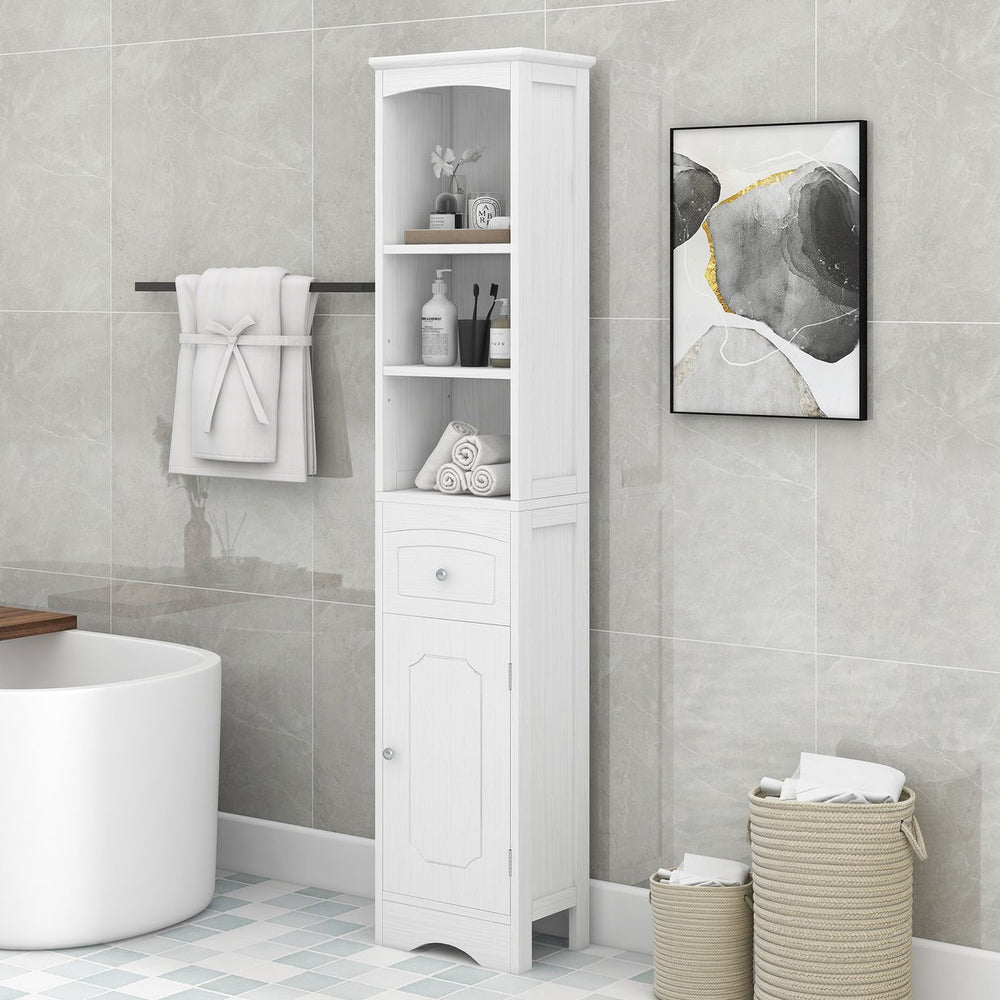 English Elm Tall Modern Freestanding Bathroom Storage Cabinet with Drawer and Adjustable Shelf, 37.4" H, MDF White WF289423AAK