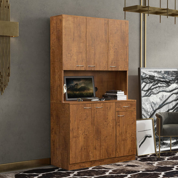 English Elm 70.87" Wardrobe Kitchen Cabinet with 6 Doors, 1 Drawer & Open Shelf — Durable Melamine MDF Storage Solution Walnut W331S00060