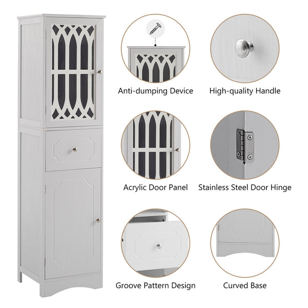 English Elm Tall Bathroom Cabinet Slim Freestanding Storage with Drawer & Doors, Adjustable Shelves, MDF Build White WF289427AAK