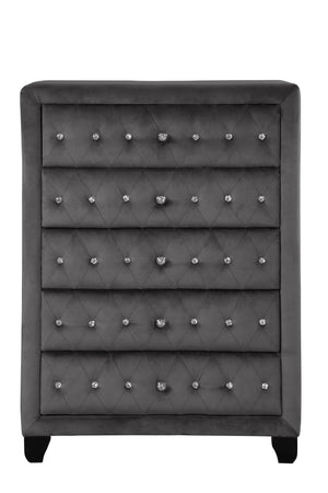 English Elm Queen Sophia 5 Pc Vanity Upholstery Bedroom Set in Gray with Crystal Tufted Headboard & Storage 808857689658